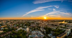 Panorama of the city of Tver at the confluence of the Volga river and the Tvertsa river in Russia about 150 Km North of Moscow at sunset on a warm spring evening