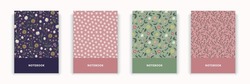4 Notebook diary cover flowers seamless pattern design scrapbook in purple pink green colors. collection bundle set