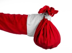 Santa Claus theme: Santa holding a big red sack with gifts on a white background