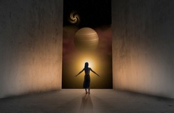 A young woman exits a concrete room into another dimension
