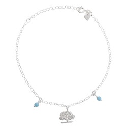 Silver or white gold bracelet with light blue stones or beads, and tree of life symbol or charm at the center. Chain bracelet with spring ring lock and a heart beside the lock. White background. 