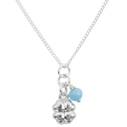 Silver or white gold necklace with connected hearts pendant or charm with light blue stone or bead. Chain necklace on white background. Closeup view. 