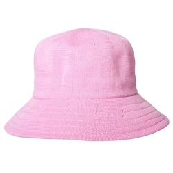 Light pink fashionable woven summer hat for ladies on white background. Closeup and detailed view of brim or cloche hat. 