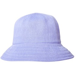 Stylish light blue violet summer hat or bucket hat for ladies or women. Woven cloche hat for girls on white background. Closeup. Detail.