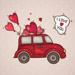 Doodle card Valentines day hand drawn with red car.