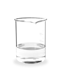 Beaker with liquid on white background. Laboratory analysis equipment