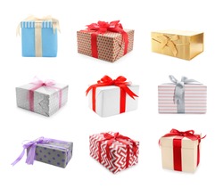 Collection of various gift boxes on white background