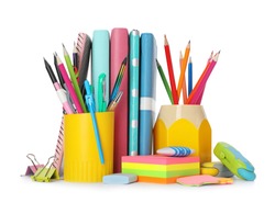 Different colorful stationery on white background. Back to school