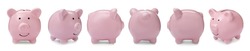Set with pink piggy bank from different views on white background