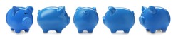 Set with blue piggy bank from different views on white background
