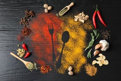 Different spices with cutlery silhouettes on wooden background, flat lay