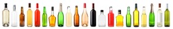 Set of bottles with different drinks on white background