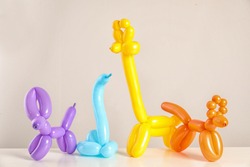 Animal figures made of modeling balloons on table against color background