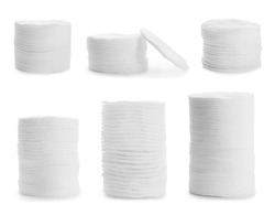 Set of stacked cotton pads on white background