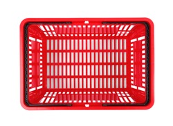 Plastic shopping basket on white background, top view