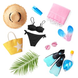Set of different stylish beach accessories on white background, top view