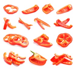 Set of cut fresh red bell peppers on white background