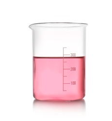 Beaker with color liquid isolated on white. Solution chemistry