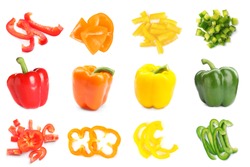 Set of fresh ripe bell peppers on white background