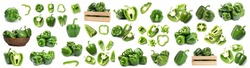 Set of fresh ripe green bell peppers on white background