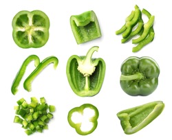 Set of cut fresh green bell peppers on white background, top view