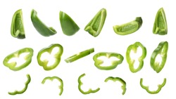 Set of cut fresh green bell peppers on white background