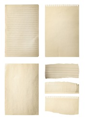 Set of different old notebook papers on white background