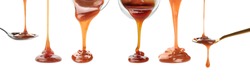 Set with pouring caramel sauce onto white background. Banner design