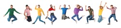 Collage of emotional people jumping on white background. Banner design