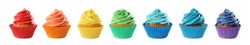 Set of delicious birthday cupcakes on white background. Banner design