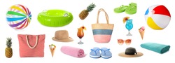 Set of items needed in summer vacation on white background. Banner design