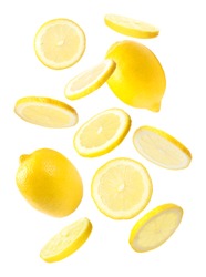 Set of falling delicious lemons on white background