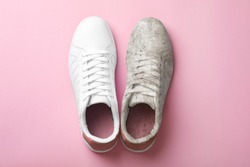 Pair of trendy shoes before and after cleaning on pink background, top view