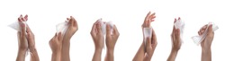 Closeup view of people cleaning hands with wet wipes on white background, collage. Banner design