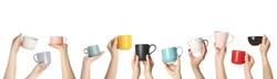 Collage with photos of people holding different cups on white background, closeup. Banner design