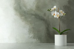 Artificial orchid plant in flower pot on light grey marble table. Space for text
