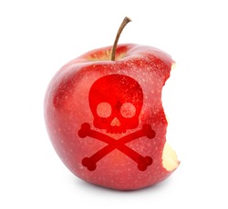 Bitten poison apple with skull and crossbones image on white background