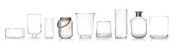 Set of empty glass vases on white background. Banner design