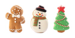 Set of different Christmas cookies on white background
