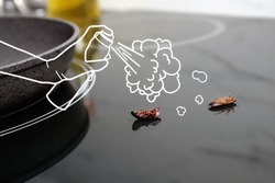 Pest control. Using household insecticide to kill cockroaches at home, closeup. Illustration