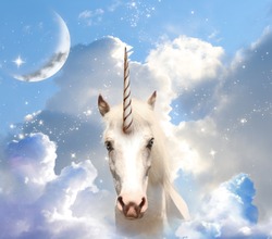 Magic unicorn in fantastic sky with fluffy clouds and crescent 
