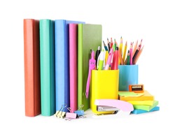 Set of colorful school stationery on white background
