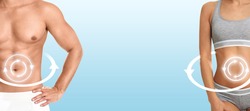 Metabolism concept. Man and woman with perfect bodies on light blue background, banner design