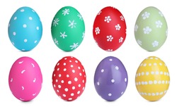 Set with colorful Easter eggs on white background