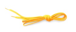 Orange shoe lace tied in knot isolated on white, top view