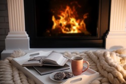 Cup of coffee, cookies and books on knitted blanket near burning fireplace indoors. Cozy atmosphere