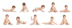 Collage with photos of cute little baby in diaper on white background. Banner design