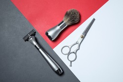 Set of shaving tools on color background, flat lay