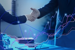 Growth graph illustration and businessmen shaking hands in office, closeup. Investment concept