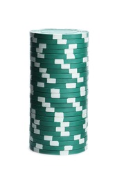 Green casino chips stacked on white background. Poker game
